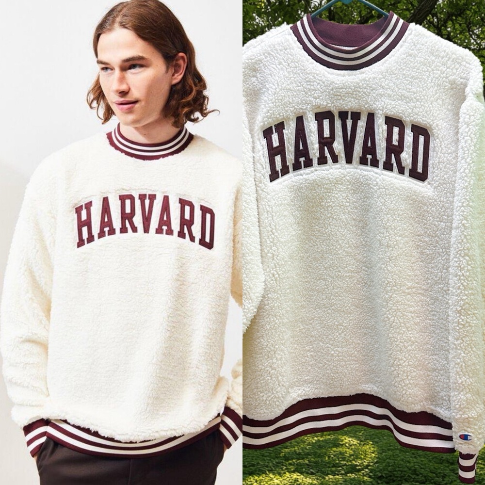 Champion Men’s HARVARD  Logo Cream Crewneck Sweater S